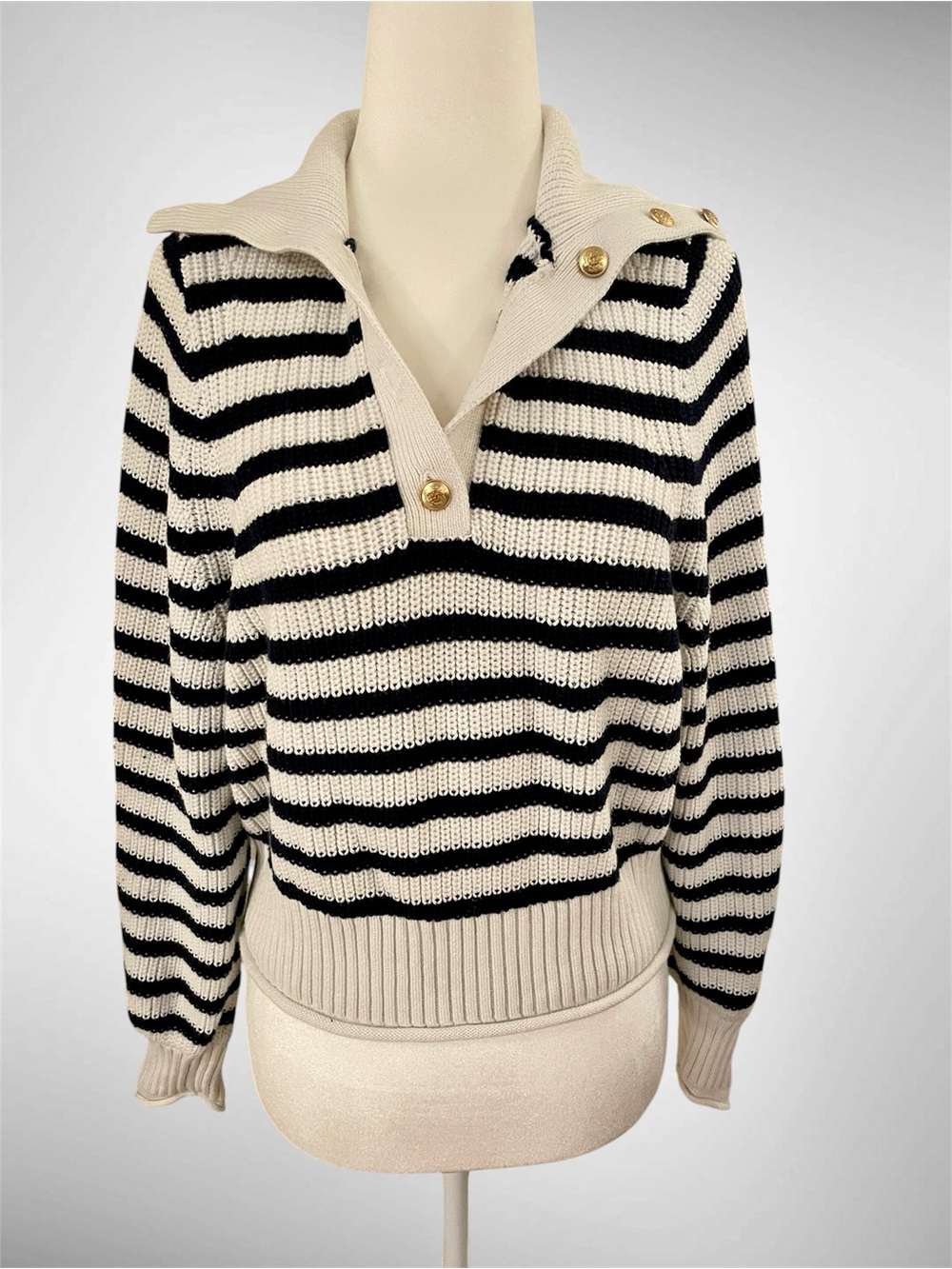J. Crew Black & Cream Striped Button-Collar Sweater